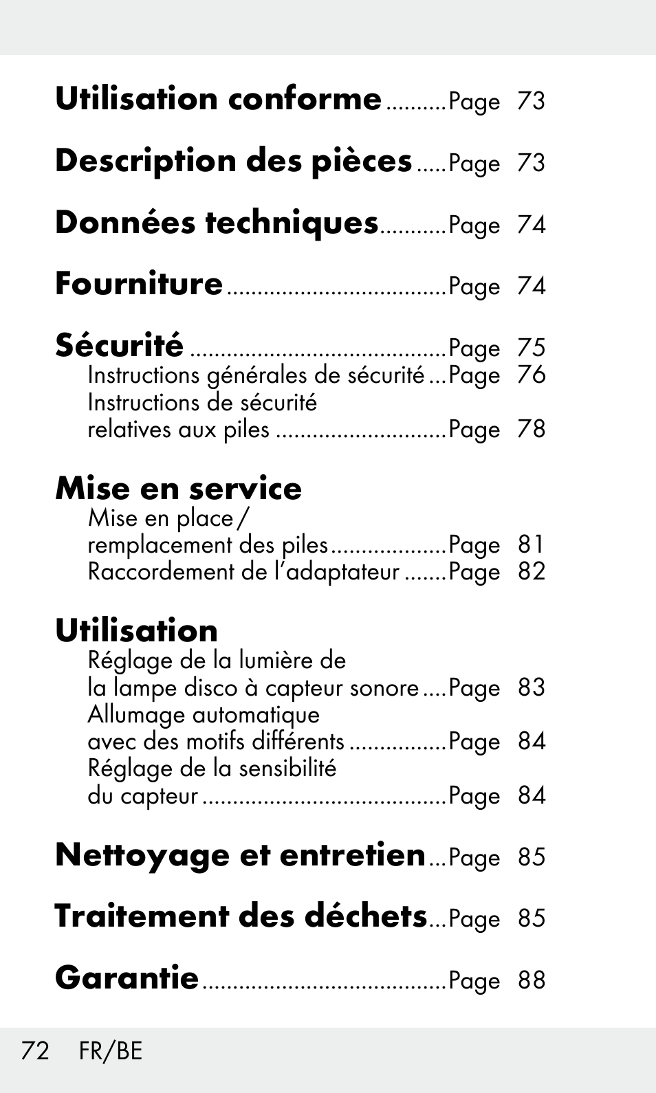 Utilisation conforme, Description des pièces, Données techniques | Fourniture, Sécurité, Mise en service, Utilisation, Nettoyage et entretien, Traitement des déchets, Garantie | Livarno Z31603/Z30425B User Manual | Page 72 / 127