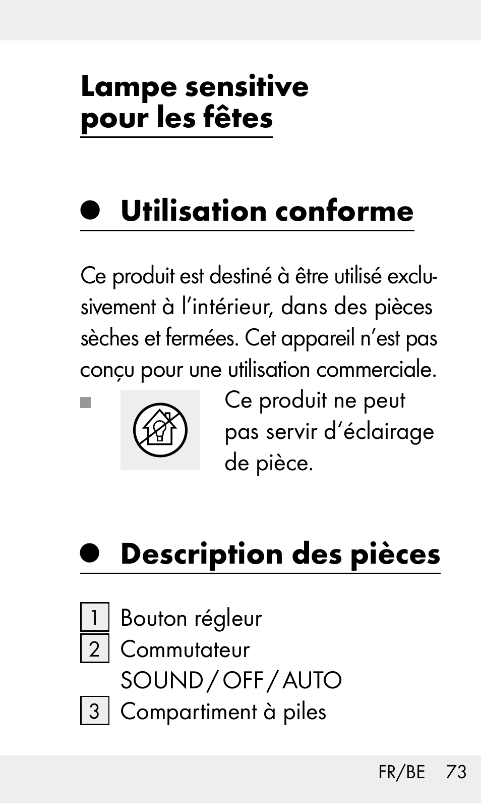 Lampe sensitive pour les fêtes, Utilisation conforme, Description des pièces | Livarno Z31603/Z30425B User Manual | Page 73 / 127