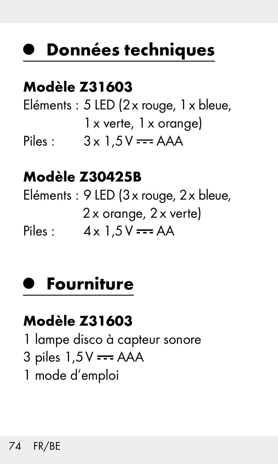 Données techniques, Fourniture | Livarno Z31603/Z30425B User Manual | Page 74 / 127