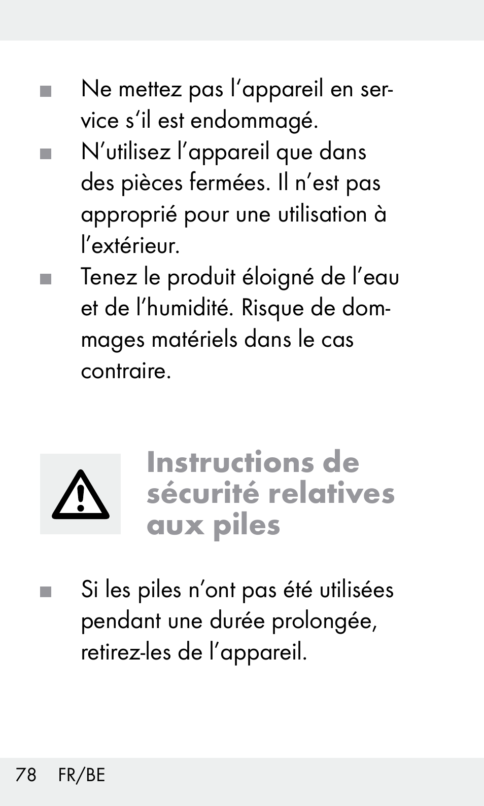 Instructions de sécurité relatives aux piles | Livarno Z31603/Z30425B User Manual | Page 78 / 127