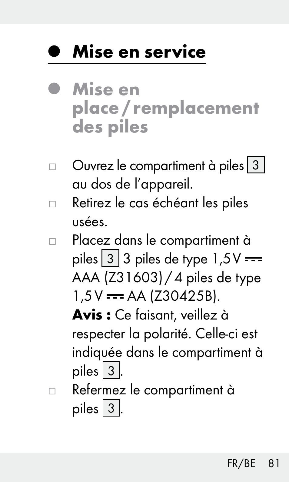 Mise en service, Mise en place / remplacement des piles | Livarno Z31603/Z30425B User Manual | Page 81 / 127