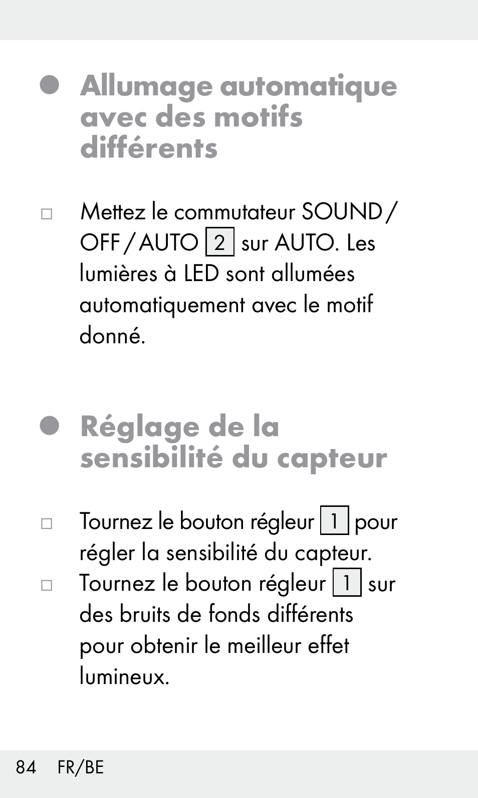 Allumage automatique avec des motifs différents, Réglage de la sensibilité du capteur | Livarno Z31603/Z30425B User Manual | Page 84 / 127