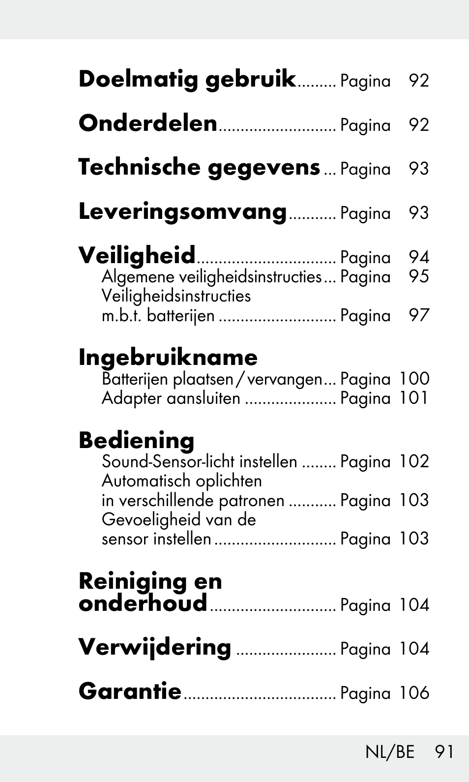 Doelmatig gebruik, Onderdelen, Technische gegevens | Leveringsomvang, Veiligheid, Ingebruikname, Bediening, Reiniging en onderhoud, Verwijdering, Garantie | Livarno Z31603/Z30425B User Manual | Page 91 / 127