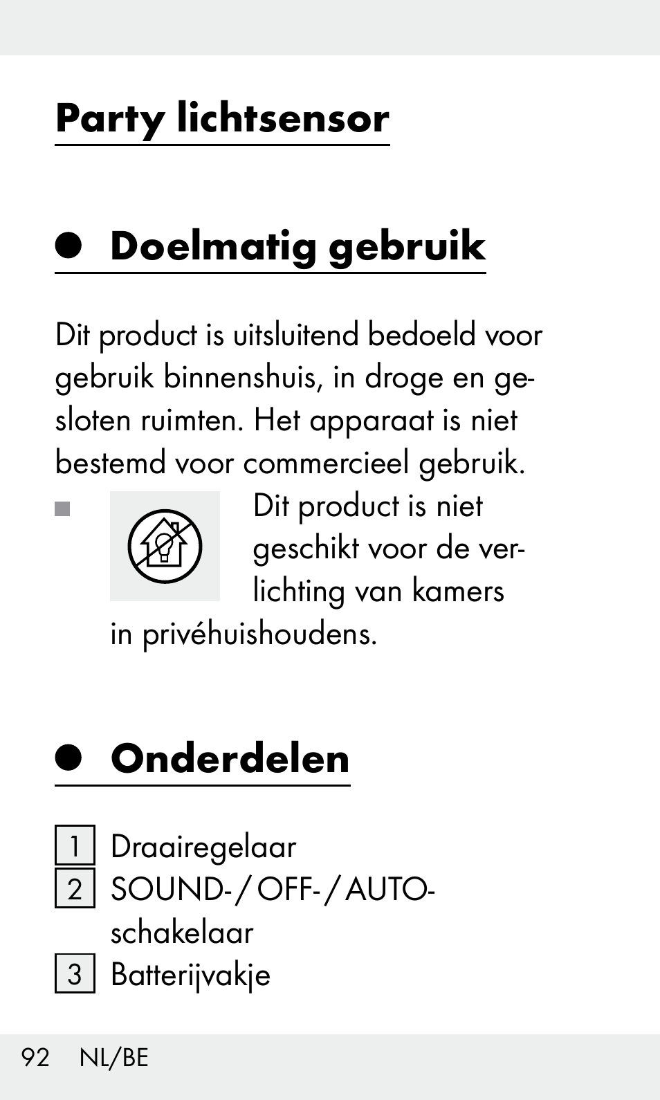 Party lichtsensor doelmatig gebruik, Onderdelen | Livarno Z31603/Z30425B User Manual | Page 92 / 127