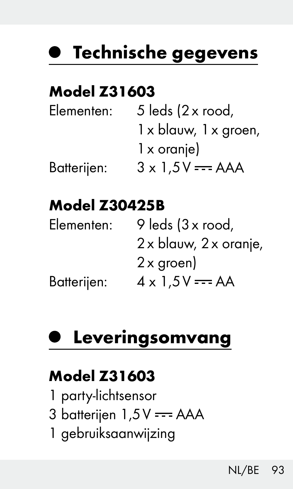 Technische gegevens, Leveringsomvang | Livarno Z31603/Z30425B User Manual | Page 93 / 127