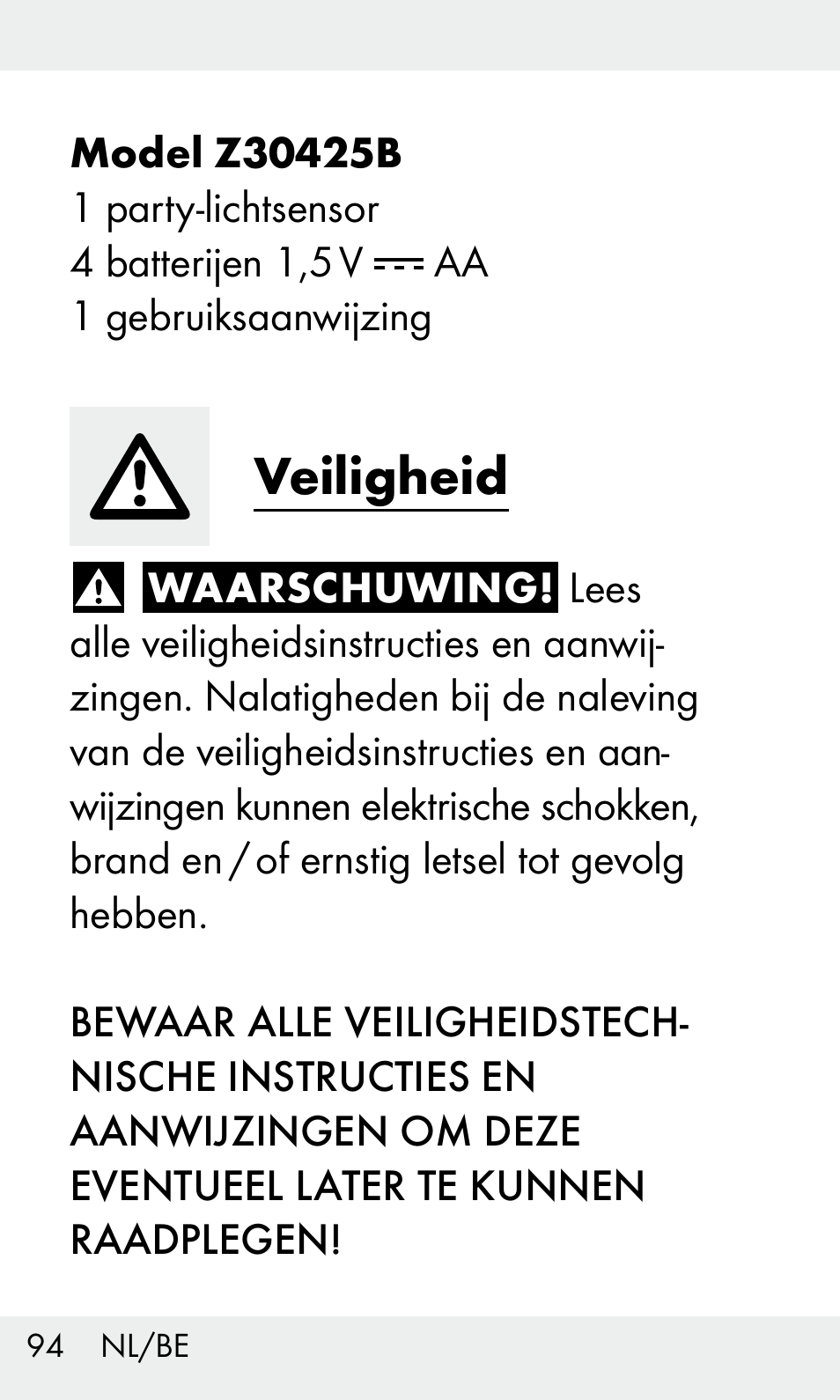 Veiligheid | Livarno Z31603/Z30425B User Manual | Page 94 / 127