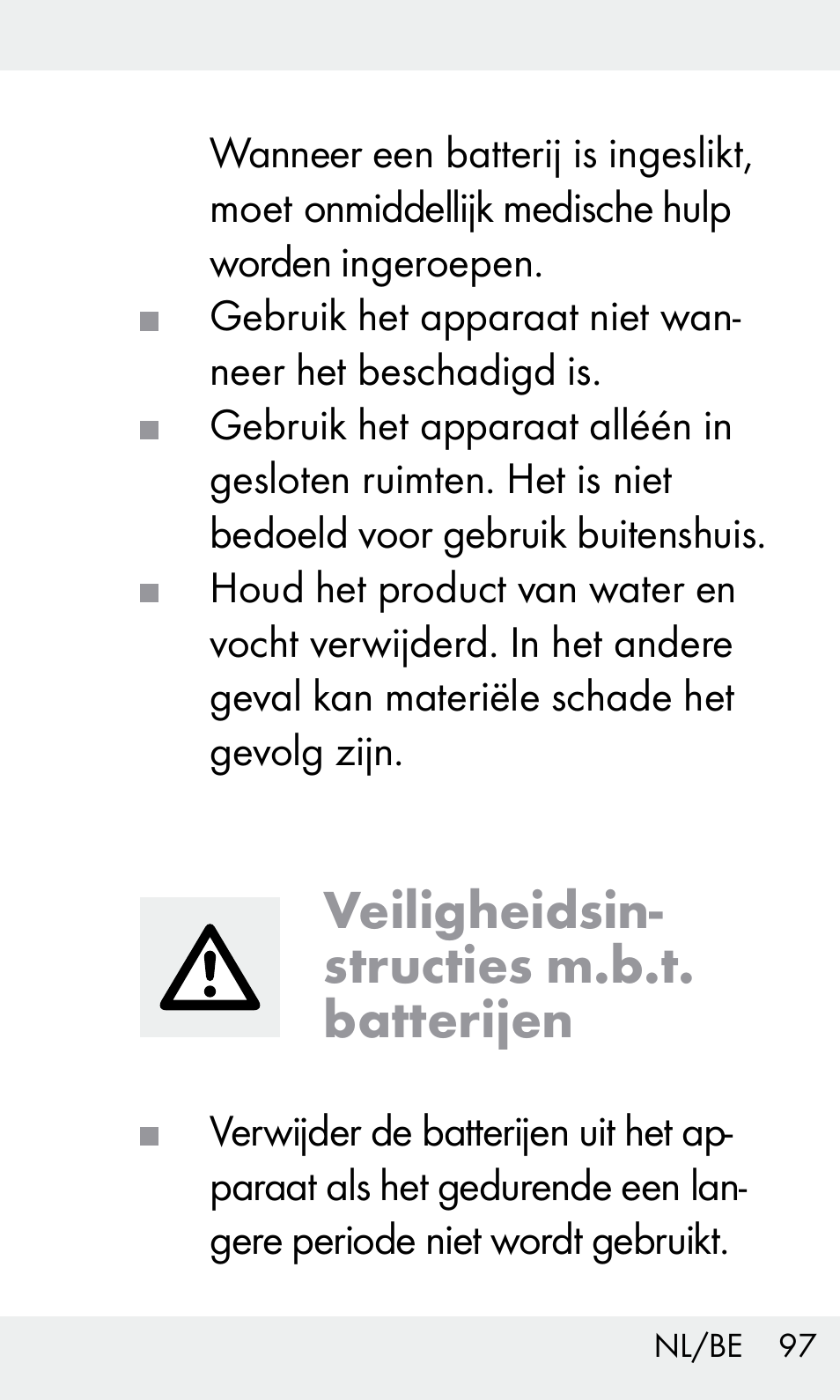 Veiligheidsin- structies m.b.t. batterijen | Livarno Z31603/Z30425B User Manual | Page 97 / 127