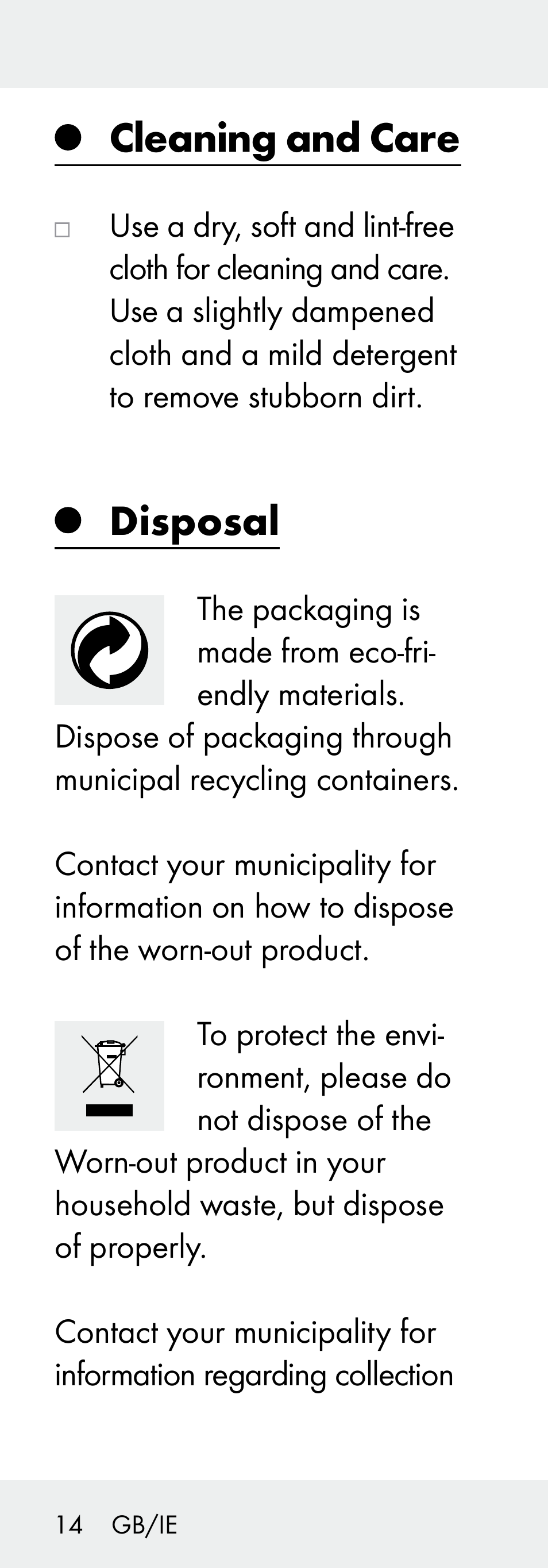 Cleaning and care, Disposal | Livarno Z31730A/Z31730B User Manual | Page 14 / 90