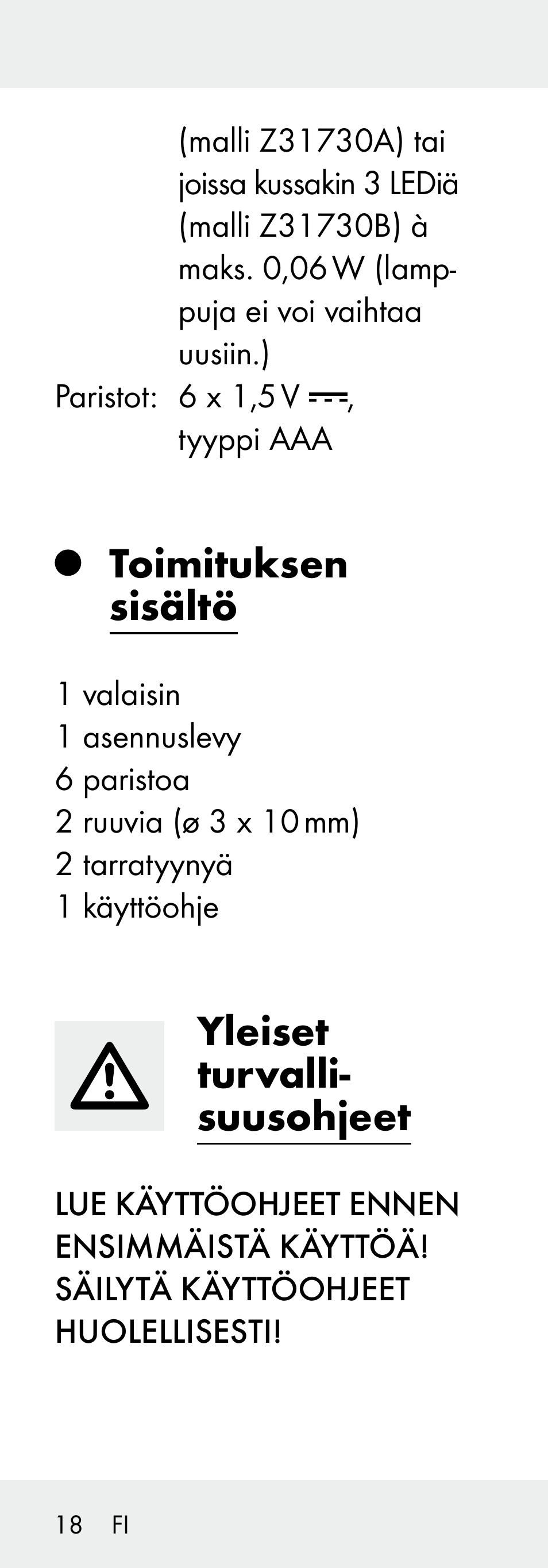 Toimituksen sisältö, Yleiset turvalli- suusohjeet | Livarno Z31730A/Z31730B User Manual | Page 18 / 90