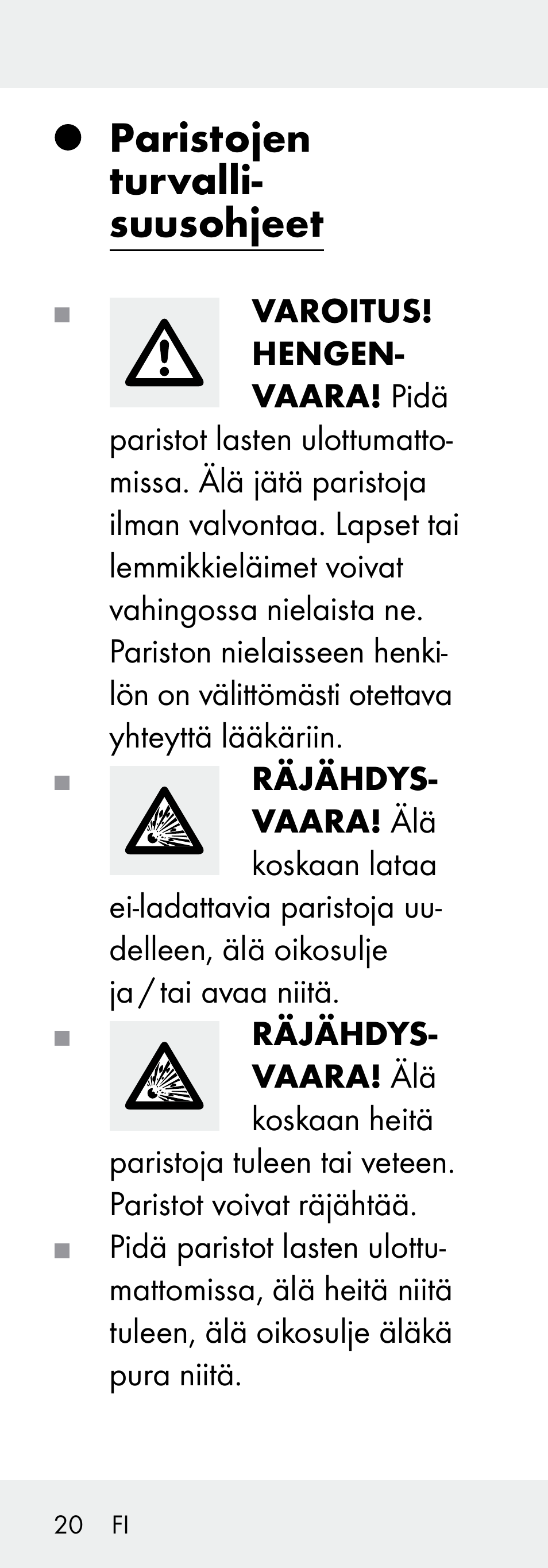 Paristojen turvalli- suusohjeet | Livarno Z31730A/Z31730B User Manual | Page 20 / 90