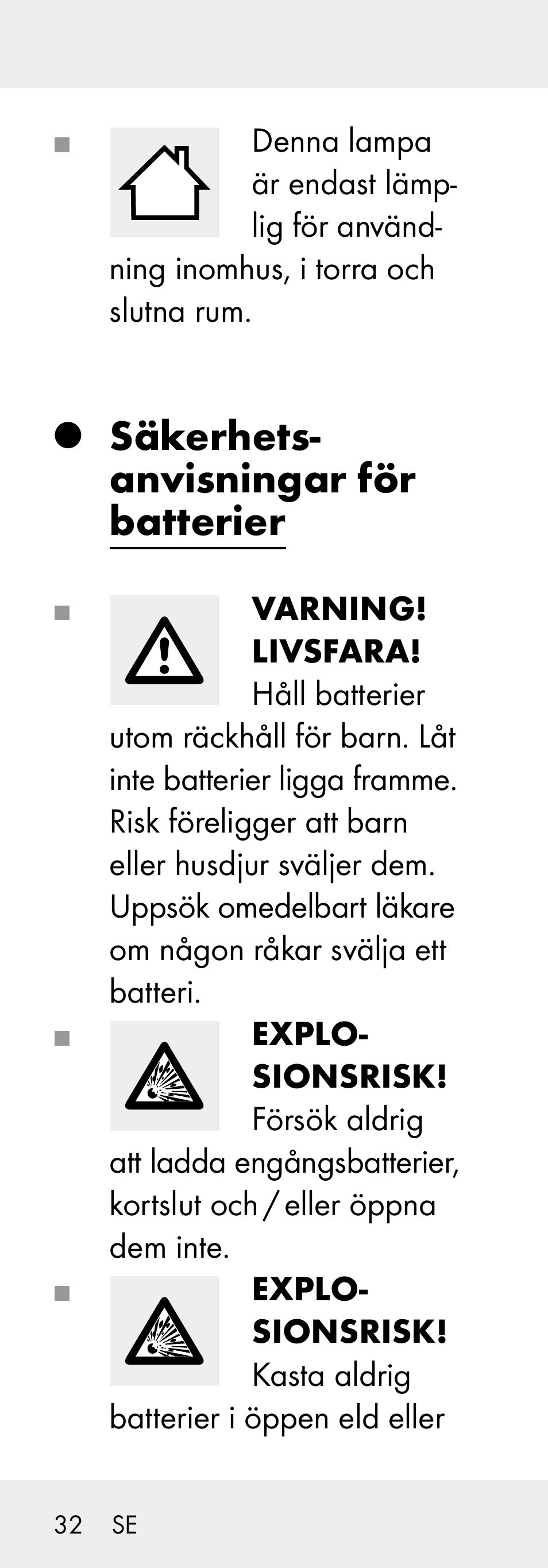 Säkerhets- anvisningar för batterier | Livarno Z31730A/Z31730B User Manual | Page 32 / 90