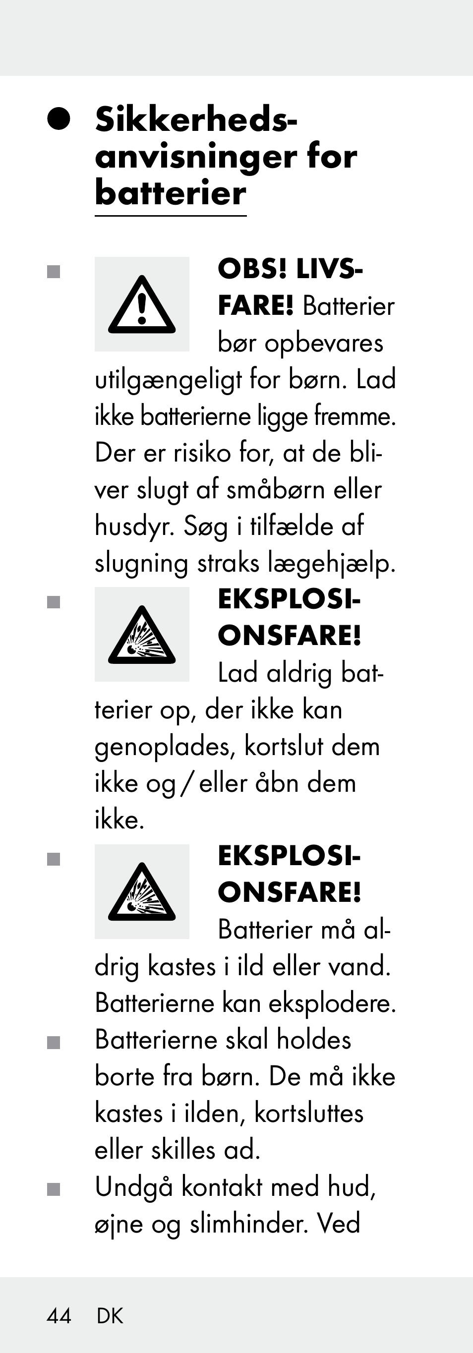 Sikkerheds- anvisninger for batterier | Livarno Z31730A/Z31730B User Manual | Page 44 / 90