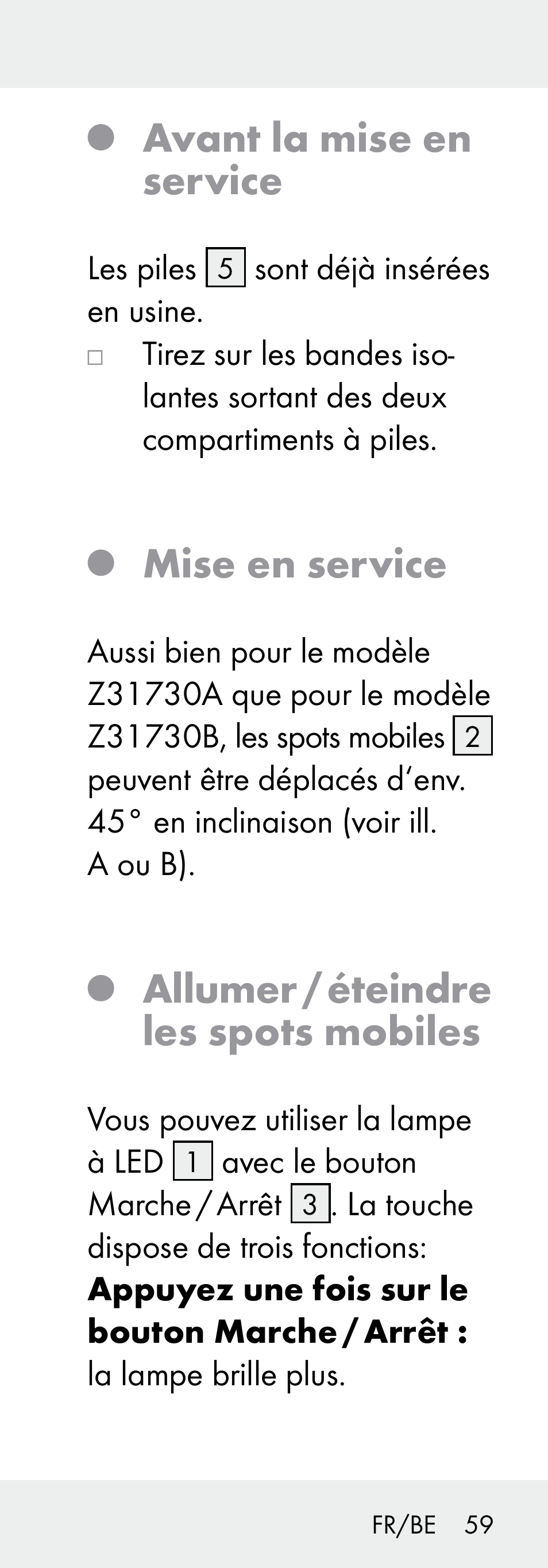 Avant la mise en service, Mise en service, Allumer / éteindre les spots mobiles | Livarno Z31730A/Z31730B User Manual | Page 59 / 90