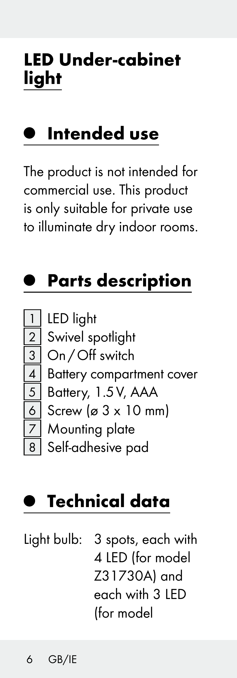 Led under-cabinet light intended use, Parts description, Technical data | Livarno Z31730A/Z31730B User Manual | Page 6 / 90