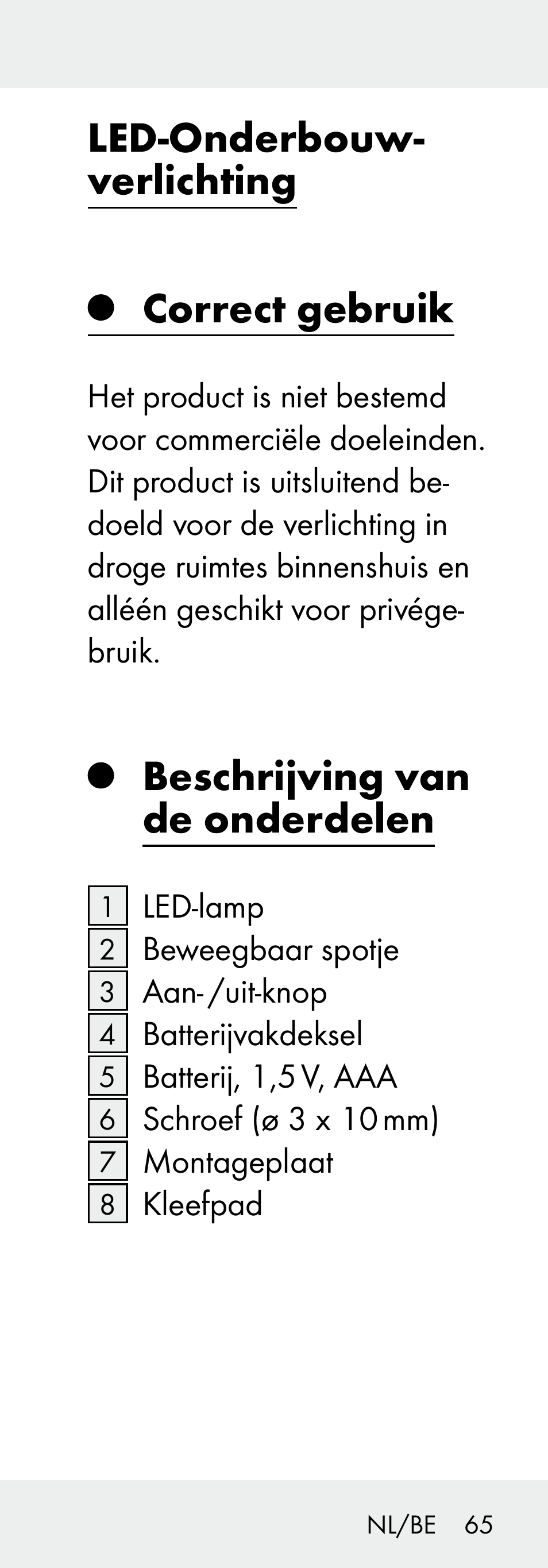 Led-onderbouw- verlichting correct gebruik, Beschrijving van de onderdelen | Livarno Z31730A/Z31730B User Manual | Page 65 / 90