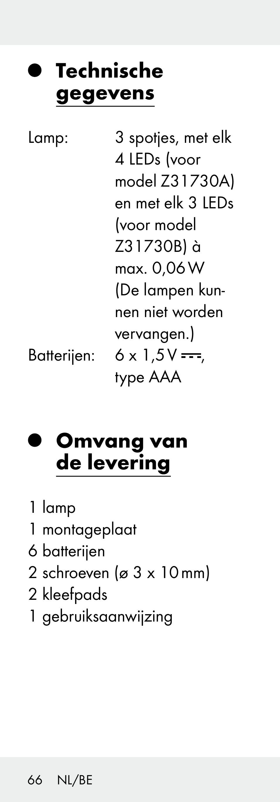 Technische gegevens, Omvang van de levering | Livarno Z31730A/Z31730B User Manual | Page 66 / 90