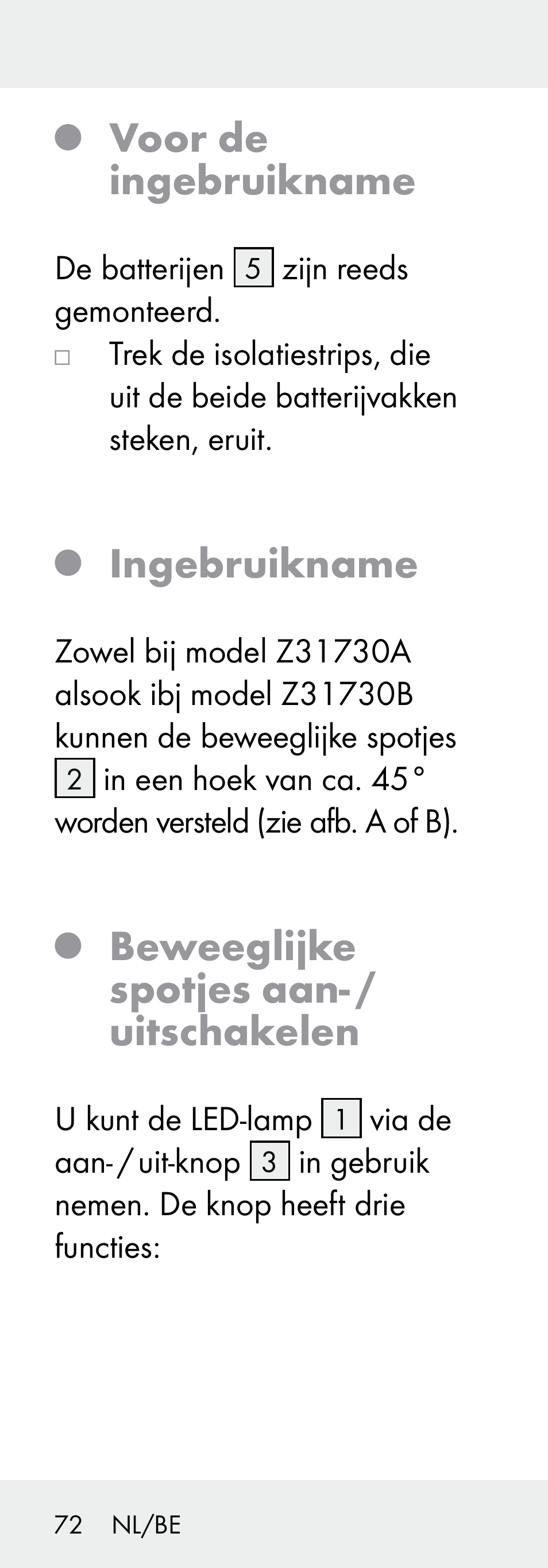 Voor de ingebruikname, Ingebruikname, Beweeglijke spotjes aan- / uitschakelen | Livarno Z31730A/Z31730B User Manual | Page 72 / 90