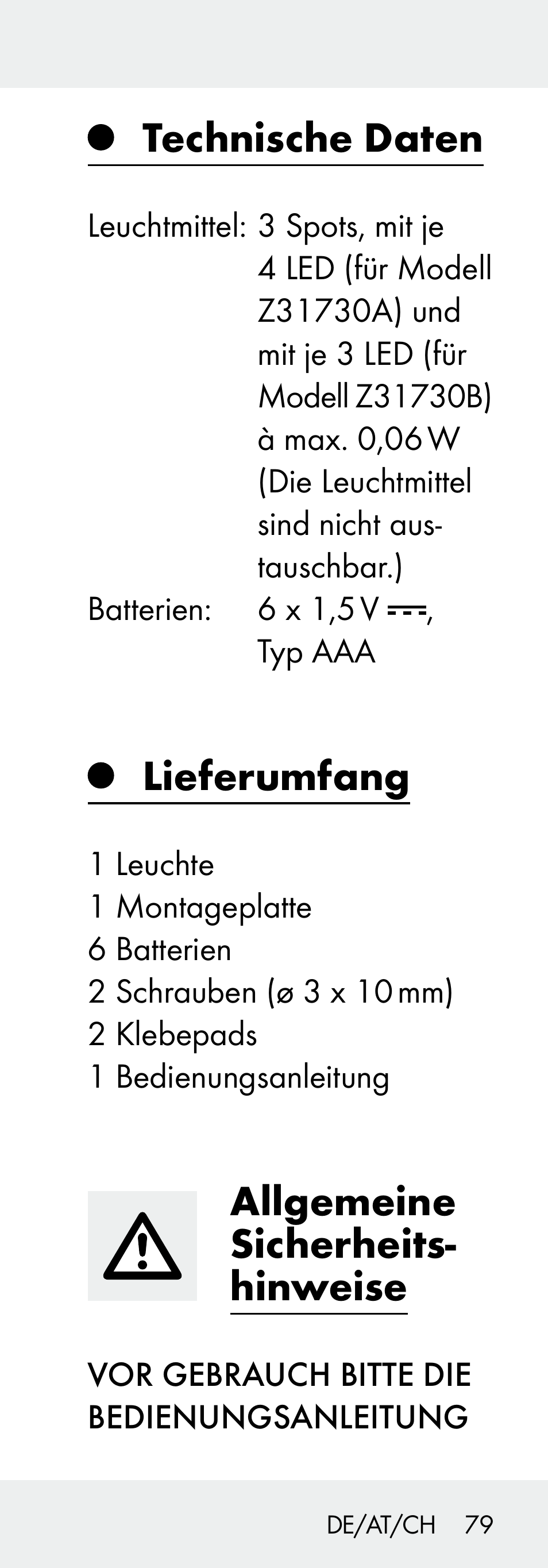 Technische daten, Lieferumfang, Allgemeine sicherheits- hinweise | Livarno Z31730A/Z31730B User Manual | Page 79 / 90