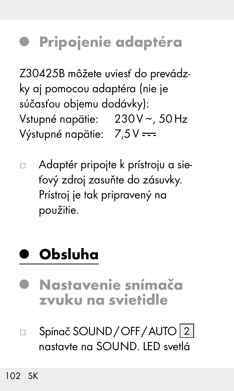 Pripojenie adaptéra, Obsluha, Nastavenie snímača zvuku na svietidle | Livarno Z31603/Z30425B User Manual | Page 102 / 128