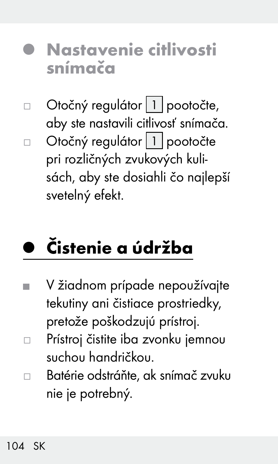 Nastavenie citlivosti snímača, Čistenie a údržba | Livarno Z31603/Z30425B User Manual | Page 104 / 128