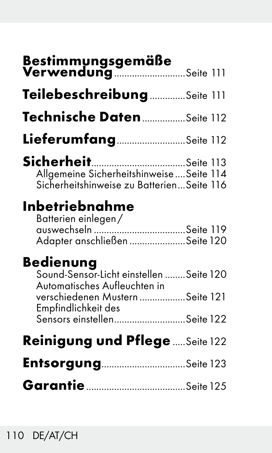 Bestimmungsgemäße verwendung, Teilebeschreibung, Technische daten | Lieferumfang, Sicherheit, Inbetriebnahme, Bedienung, Reinigung und pflege, Entsorgung, Garantie | Livarno Z31603/Z30425B User Manual | Page 110 / 128