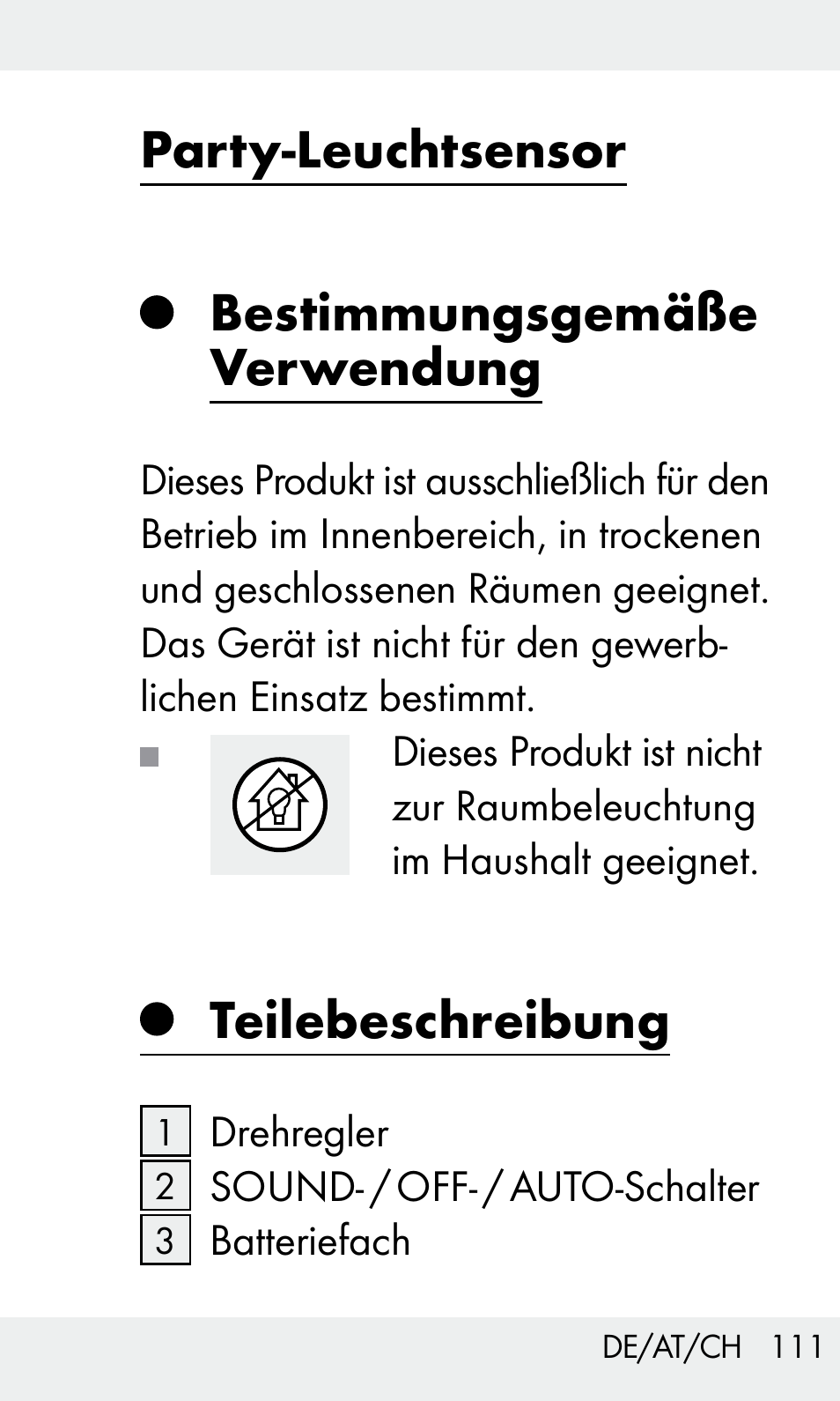 Party-leuchtsensor bestimmungsgemäße verwendung, Teilebeschreibung | Livarno Z31603/Z30425B User Manual | Page 111 / 128