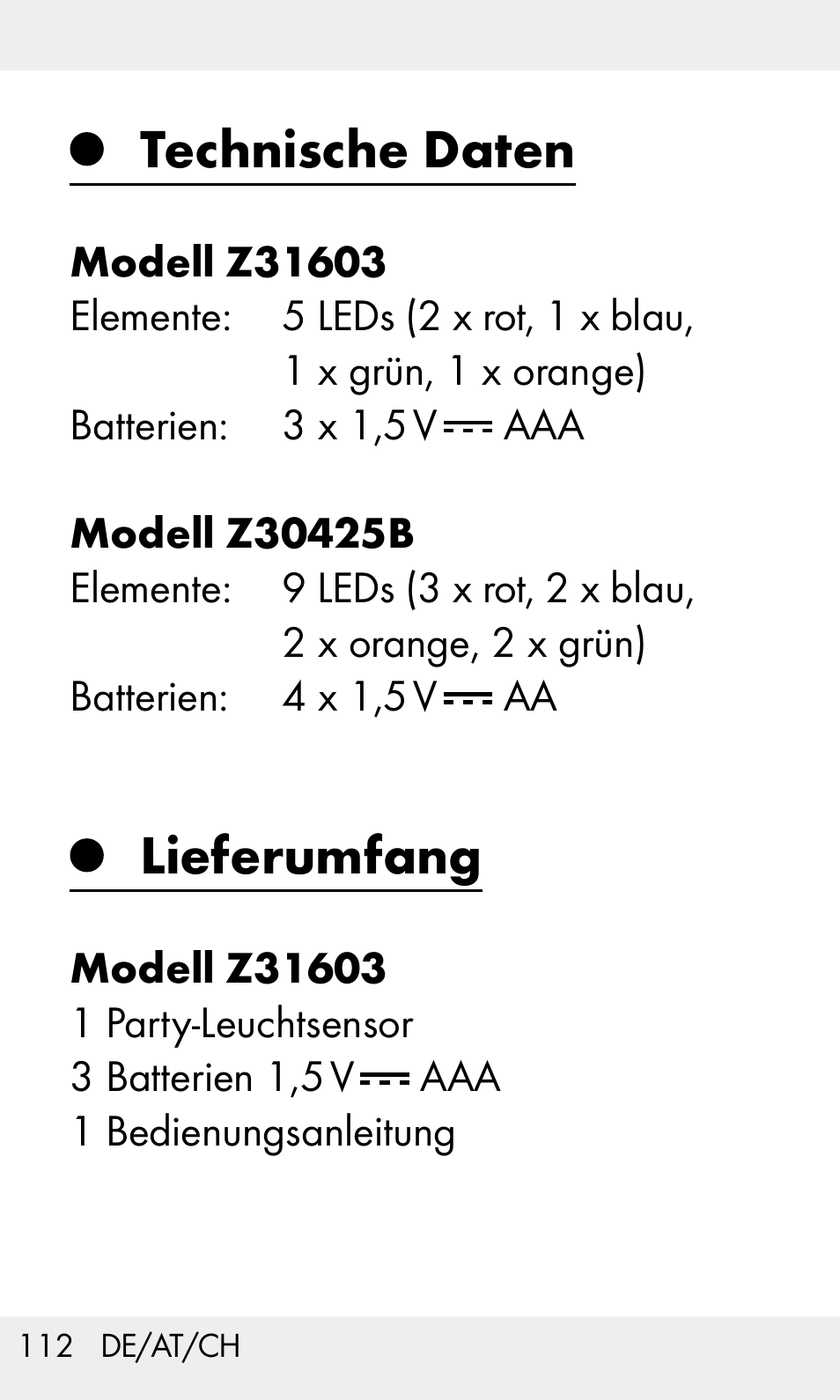 Technische daten, Lieferumfang | Livarno Z31603/Z30425B User Manual | Page 112 / 128