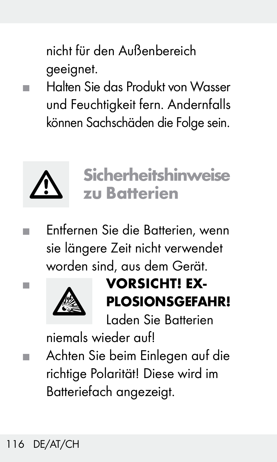 Sicherheitshinweise zu batterien | Livarno Z31603/Z30425B User Manual | Page 116 / 128