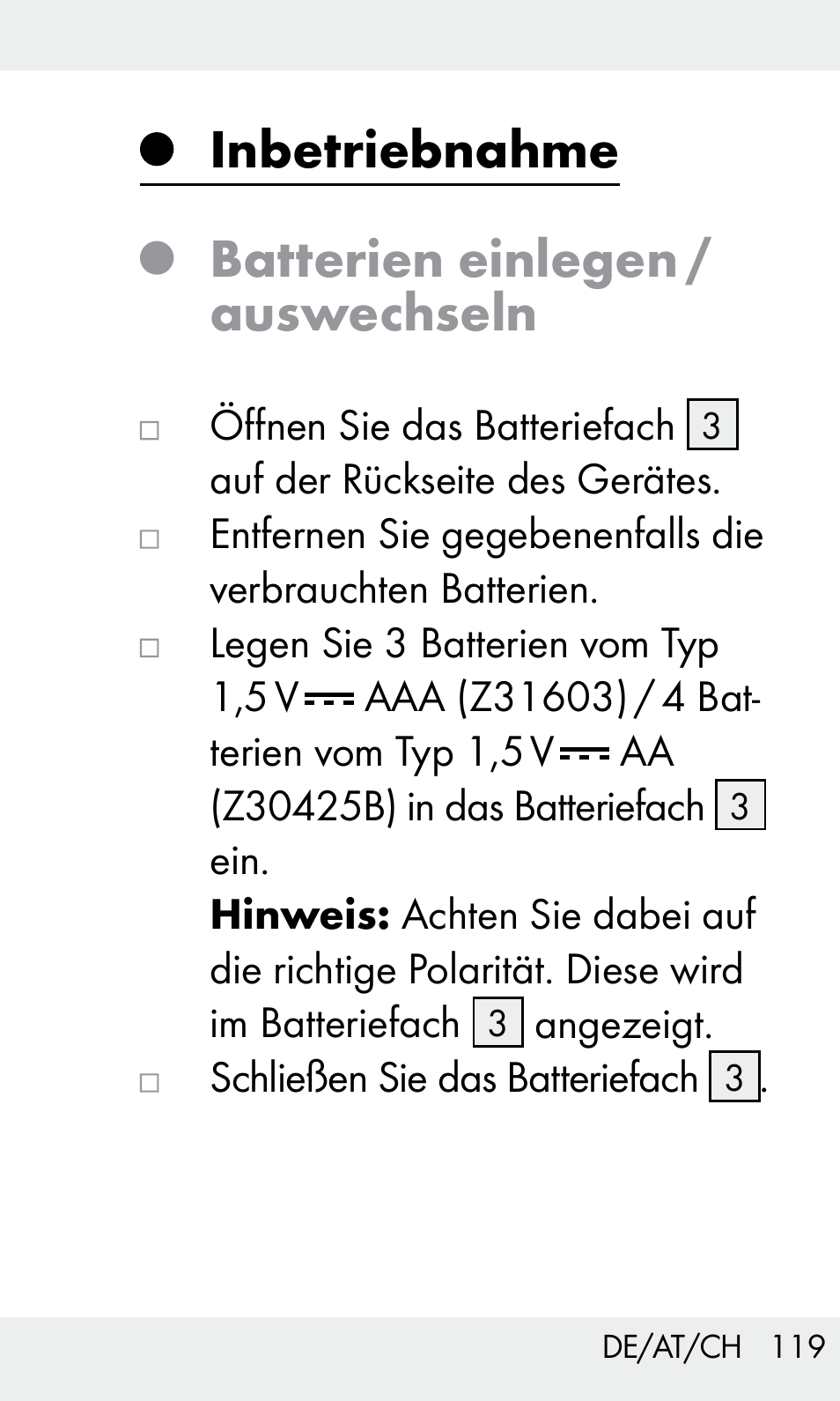 Inbetriebnahme batterien einlegen / auswechseln | Livarno Z31603/Z30425B User Manual | Page 119 / 128