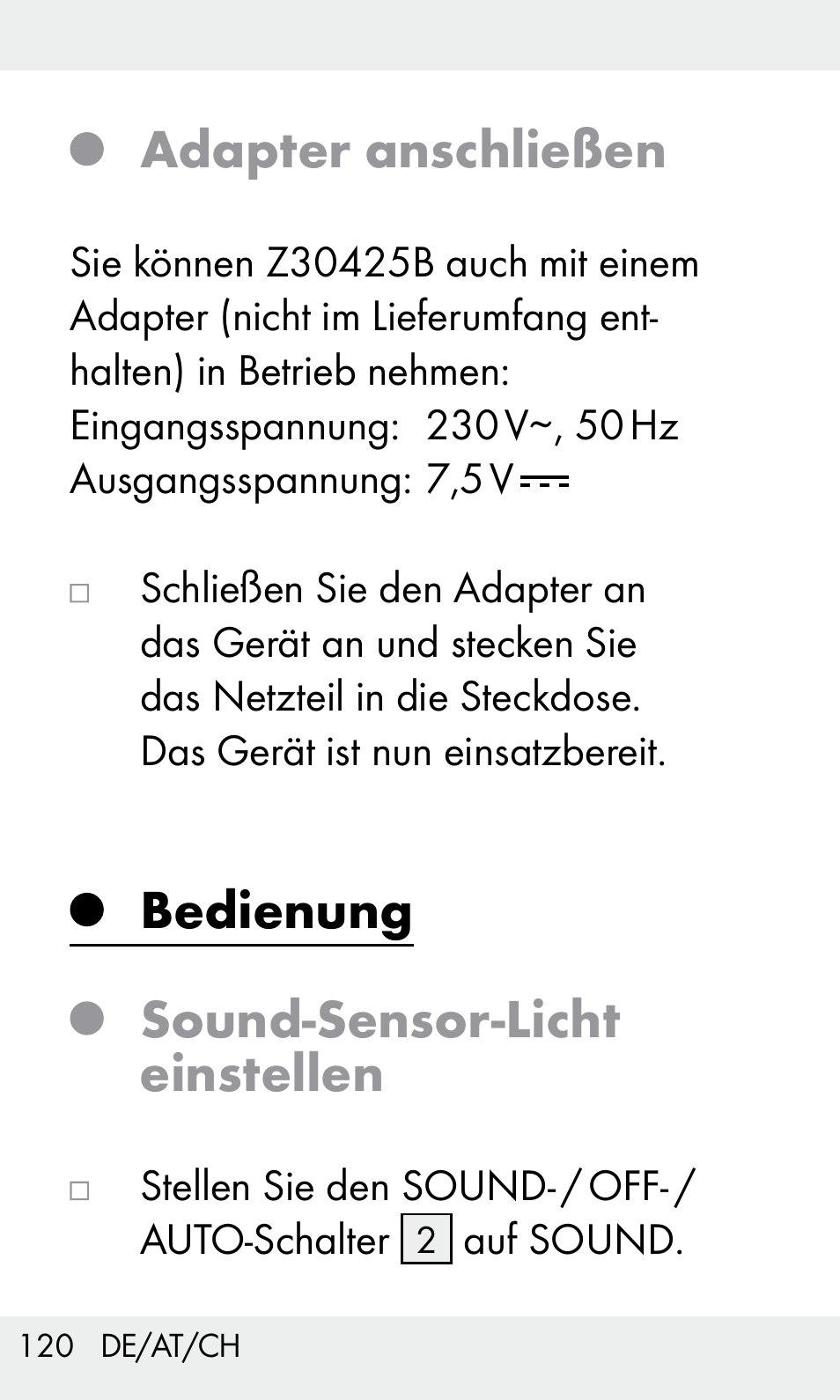 Adapter anschließen, Bedienung sound-sensor-licht einstellen | Livarno Z31603/Z30425B User Manual | Page 120 / 128