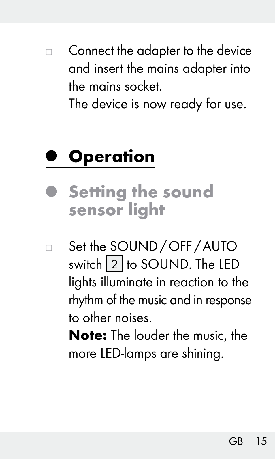 Operation setting the sound sensor light | Livarno Z31603/Z30425B User Manual | Page 15 / 128