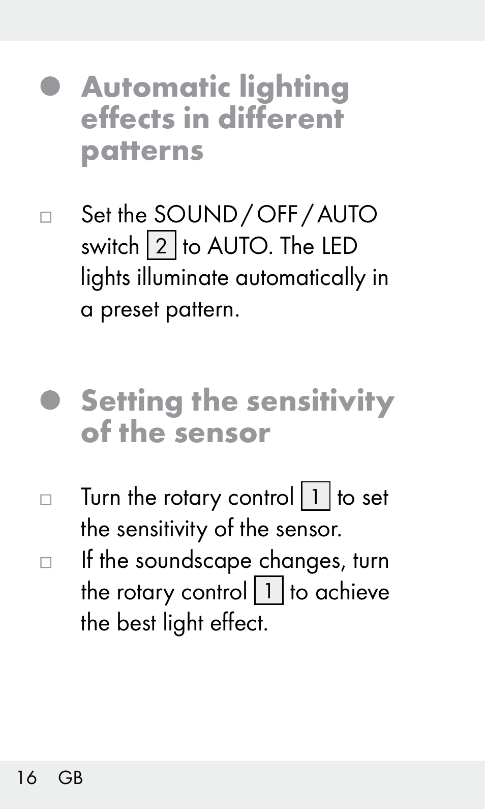 Automatic lighting effects in different patterns, Setting the sensitivity of the sensor | Livarno Z31603/Z30425B User Manual | Page 16 / 128