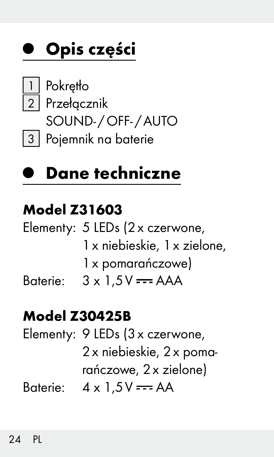 Opis części, Dane techniczne | Livarno Z31603/Z30425B User Manual | Page 24 / 128