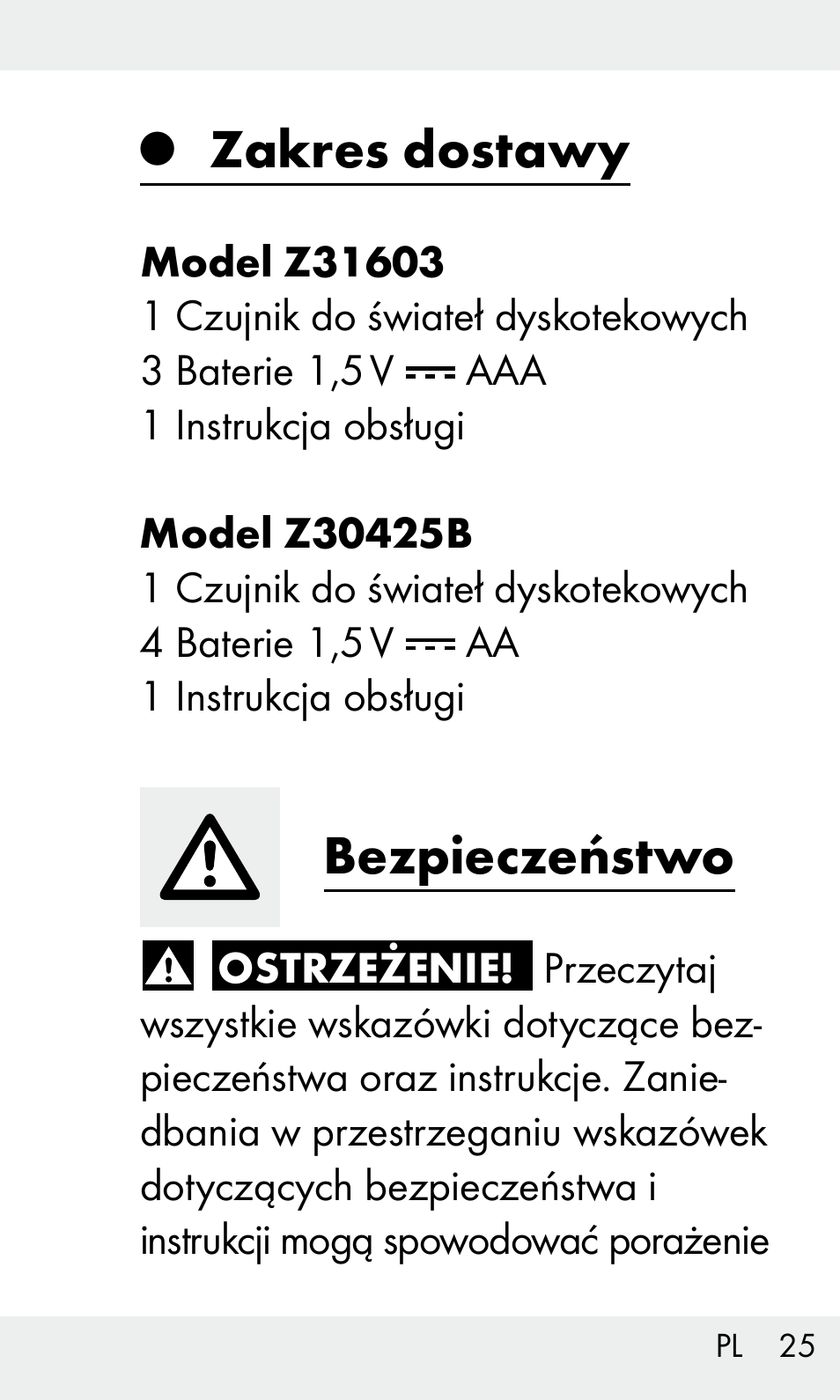 Zakres dostawy, Bezpieczeństwo | Livarno Z31603/Z30425B User Manual | Page 25 / 128