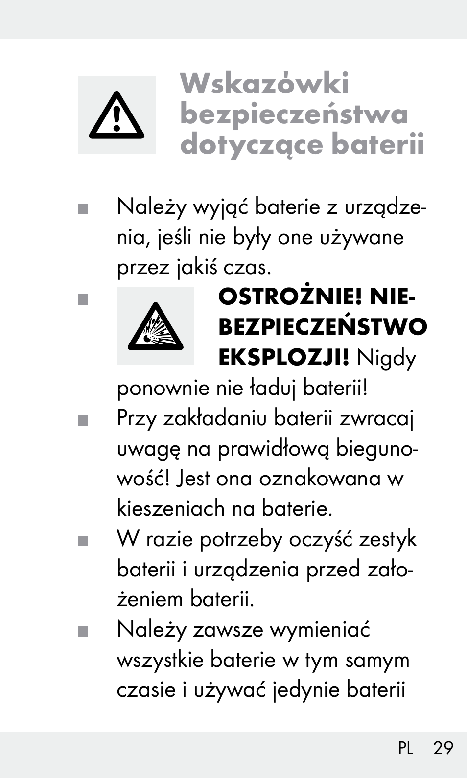 Wskazόwki bezpieczeństwa dotyczące baterii | Livarno Z31603/Z30425B User Manual | Page 29 / 128