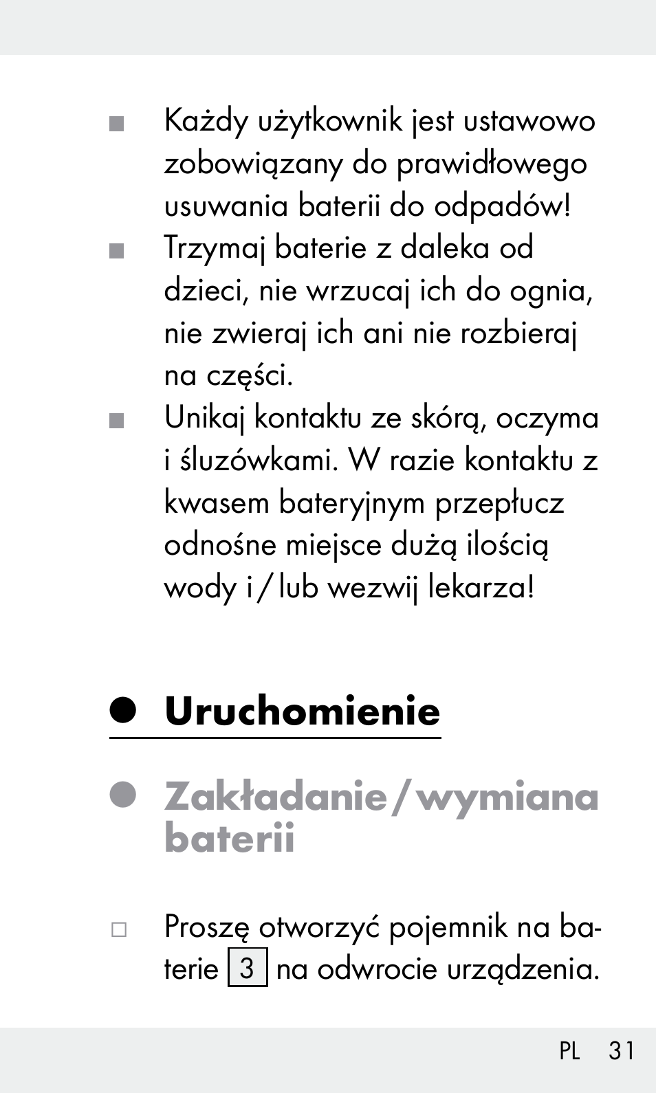 Uruchomienie, Zakładanie / wymiana baterii | Livarno Z31603/Z30425B User Manual | Page 31 / 128