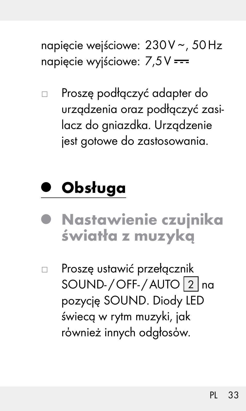 Obsługa, Nastawienie czujnika światła z muzyką | Livarno Z31603/Z30425B User Manual | Page 33 / 128