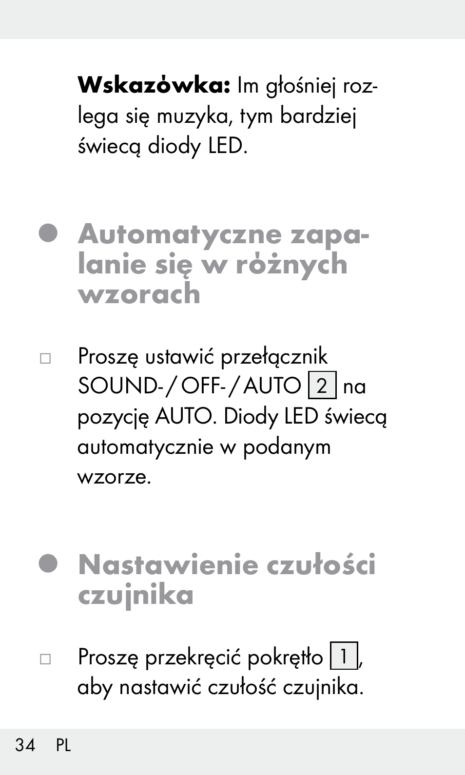 Automatyczne zapa- lanie się w rόżnych wzorach, Nastawienie czułości czujnika | Livarno Z31603/Z30425B User Manual | Page 34 / 128