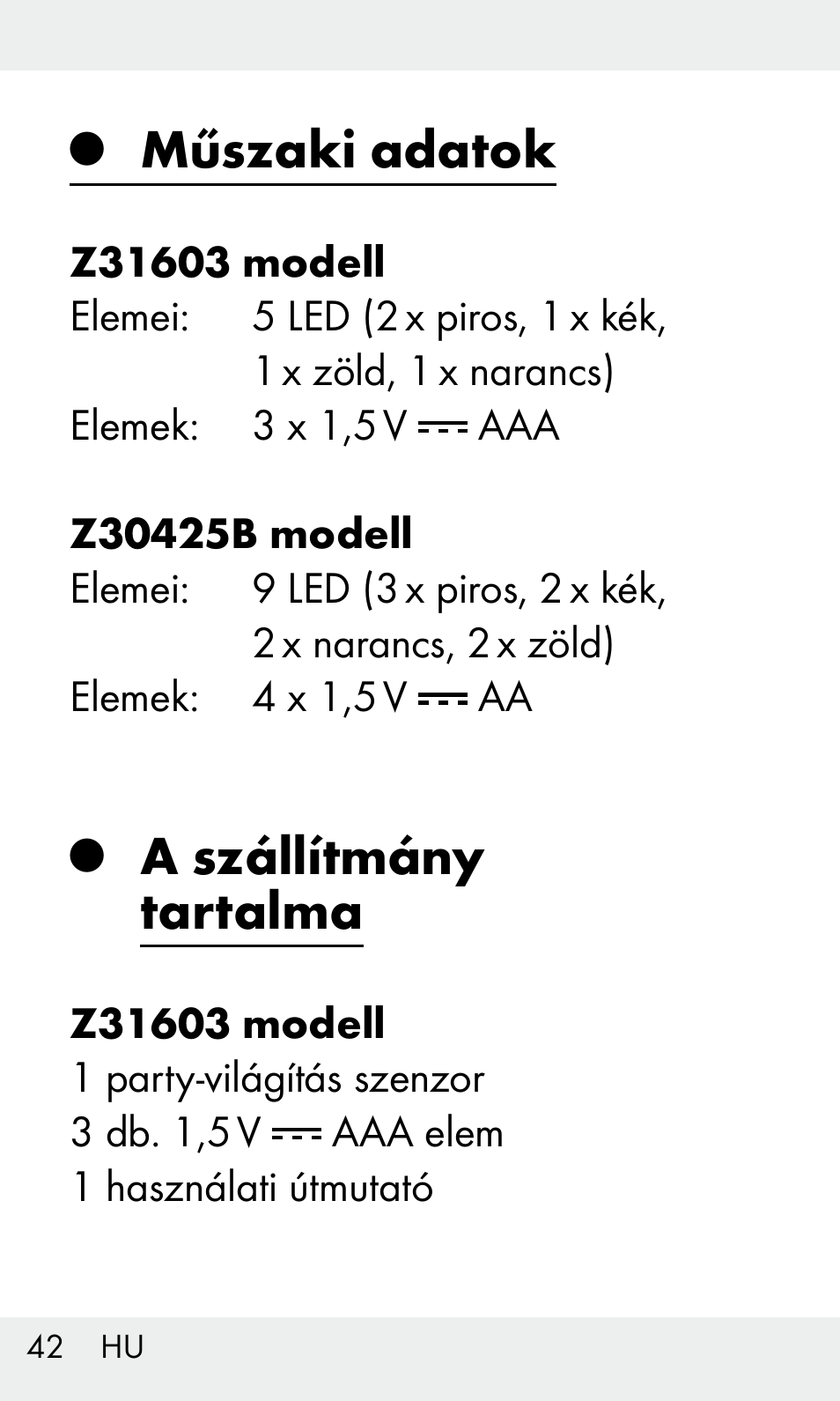 Műszaki adatok, A szállítmány tartalma | Livarno Z31603/Z30425B User Manual | Page 42 / 128