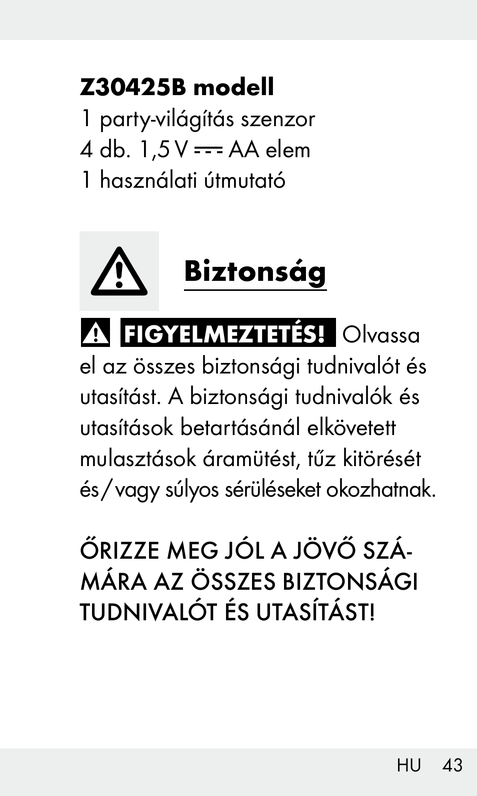 Biztonság | Livarno Z31603/Z30425B User Manual | Page 43 / 128