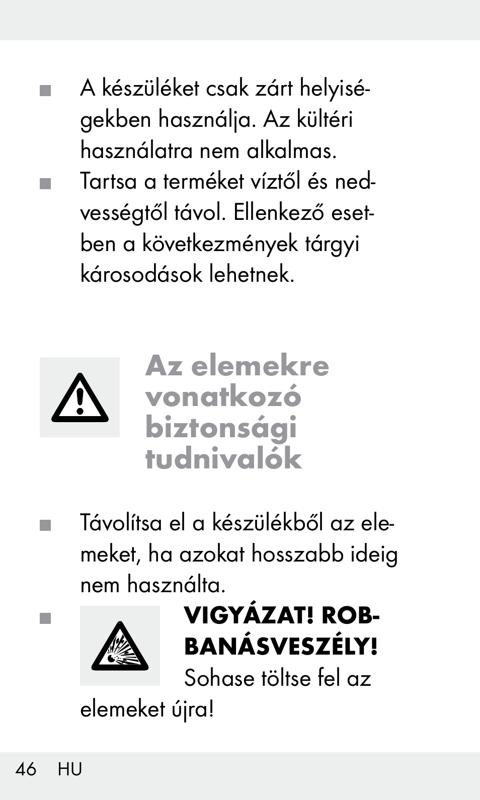 Az elemekre vonatkozó biztonsági tudnivalók | Livarno Z31603/Z30425B User Manual | Page 46 / 128