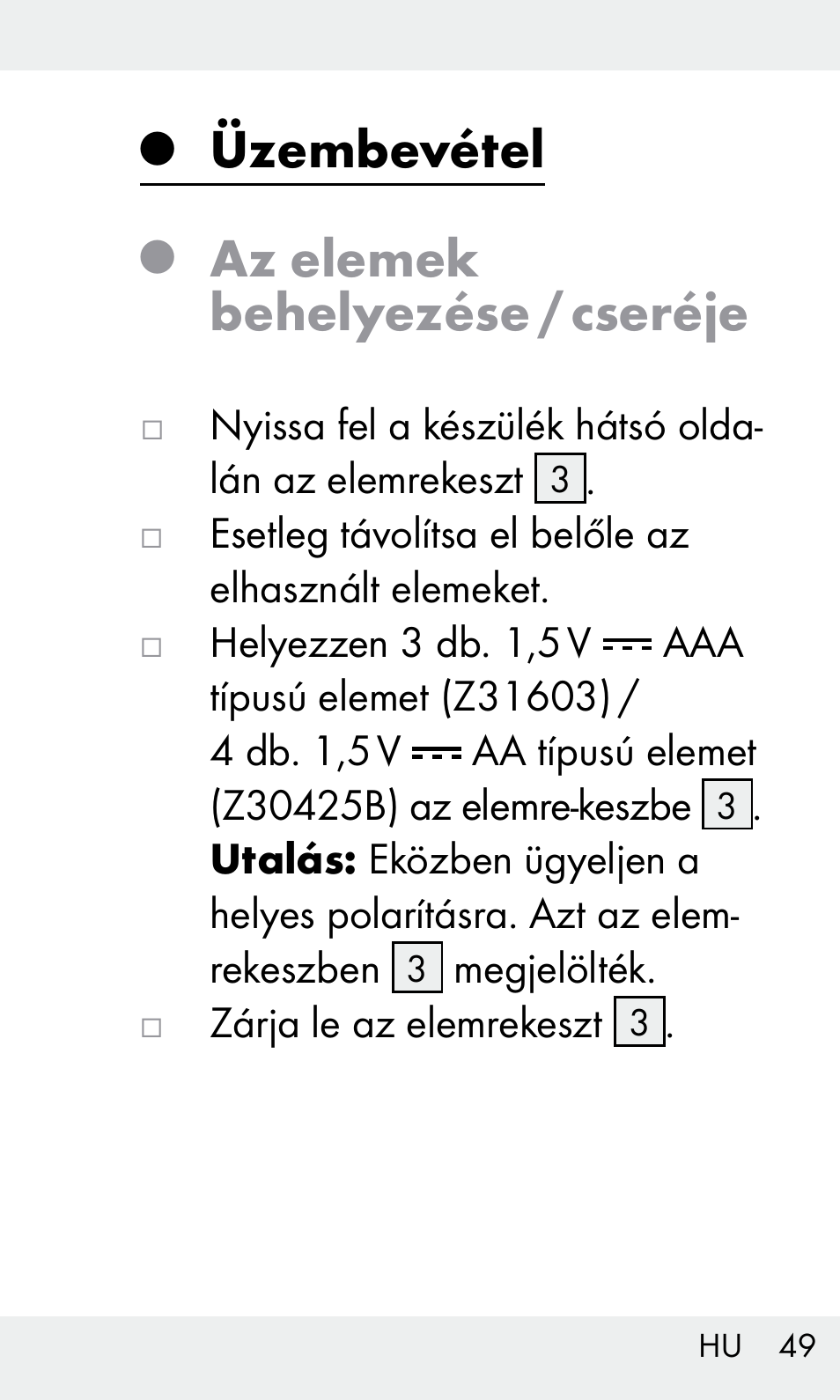 Üzembevétel, Az elemek behelyezése / cseréje | Livarno Z31603/Z30425B User Manual | Page 49 / 128