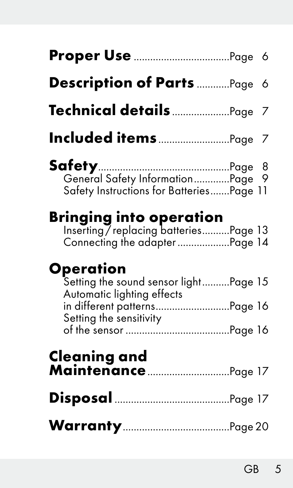 Proper use, Description of parts, Technical details | Included items, Safety, Bringing into operation, Operation, Cleaning and maintenance, Disposal, Warranty | Livarno Z31603/Z30425B User Manual | Page 5 / 128