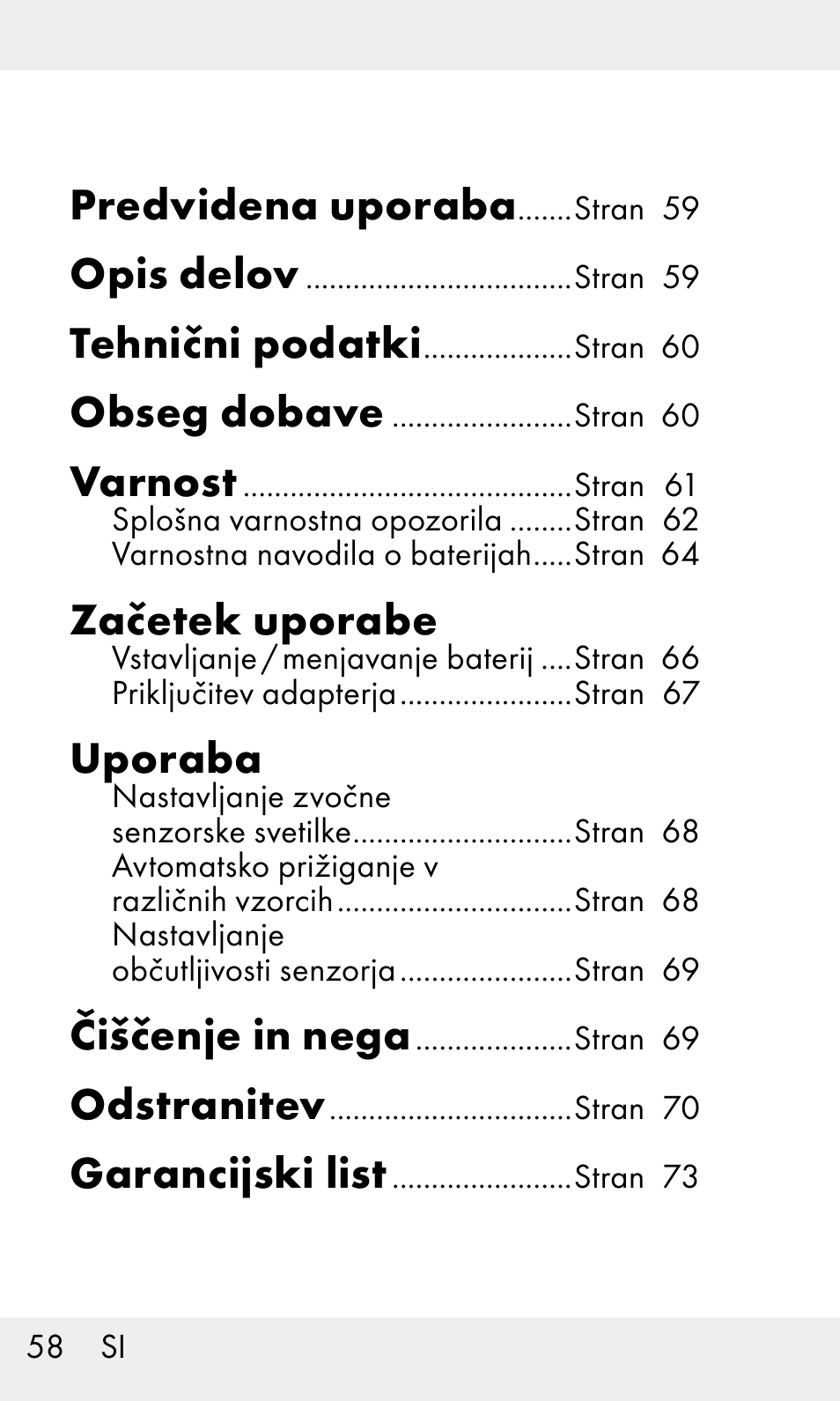 Predvidena uporaba, Opis delov, Tehnični podatki | Obseg dobave, Varnost, Začetek uporabe, Uporaba, Čiščenje in nega, Odstranitev, Garancijski list | Livarno Z31603/Z30425B User Manual | Page 58 / 128