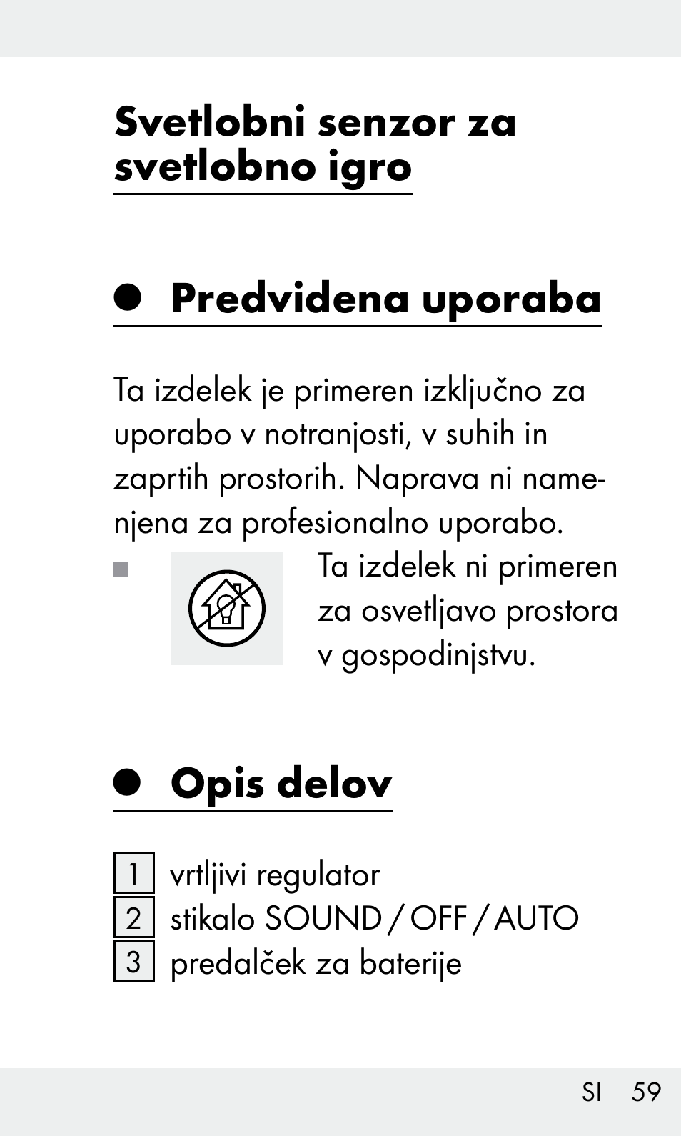 Svetlobni senzor za svetlobno igro, Predvidena uporaba, Opis delov | Livarno Z31603/Z30425B User Manual | Page 59 / 128