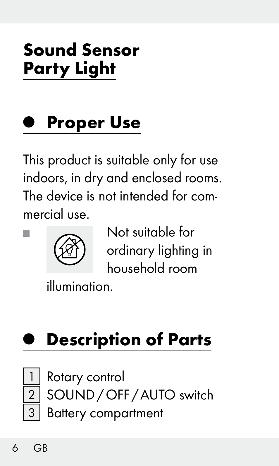 Sound sensor party light proper use, Description of parts | Livarno Z31603/Z30425B User Manual | Page 6 / 128