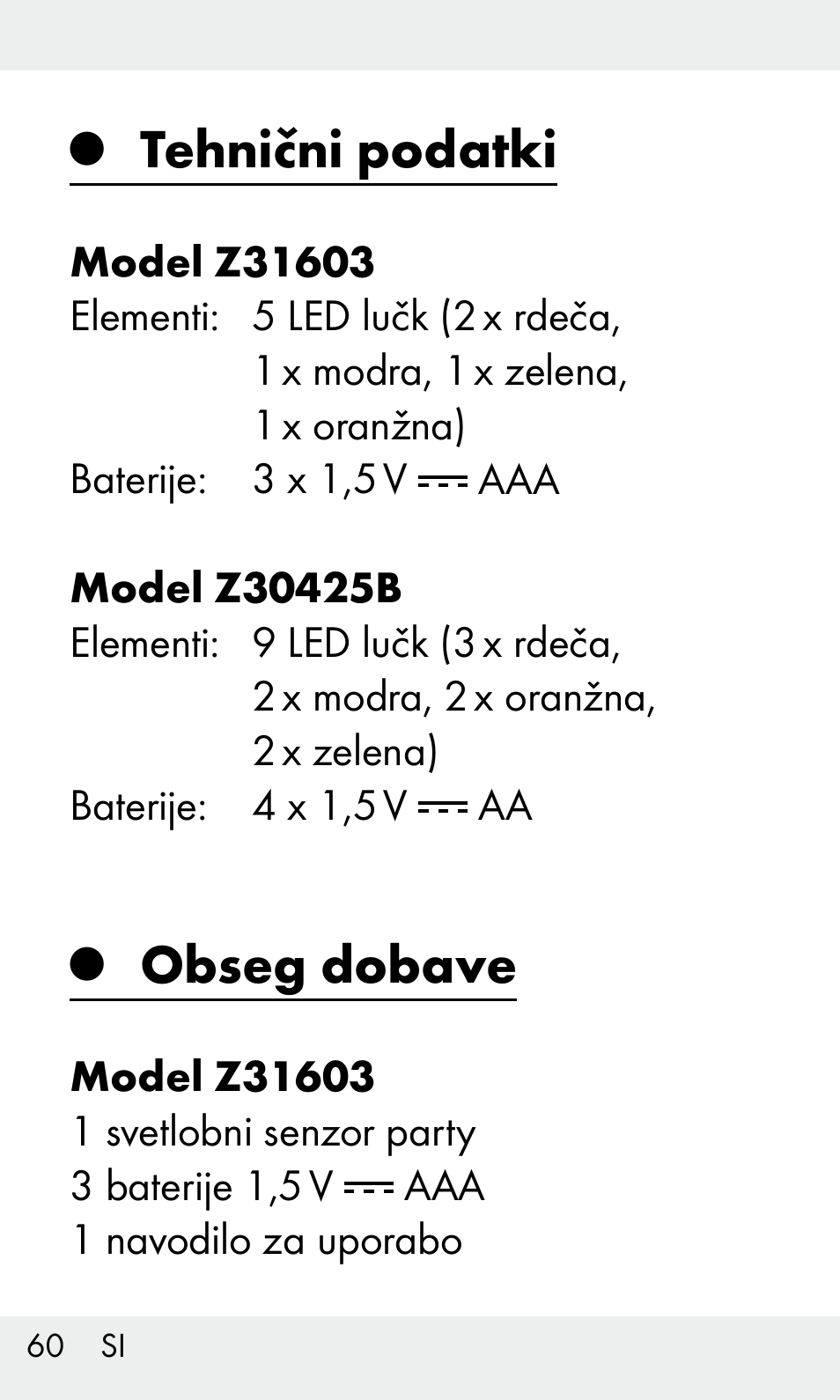 Tehnični podatki, Obseg dobave | Livarno Z31603/Z30425B User Manual | Page 60 / 128