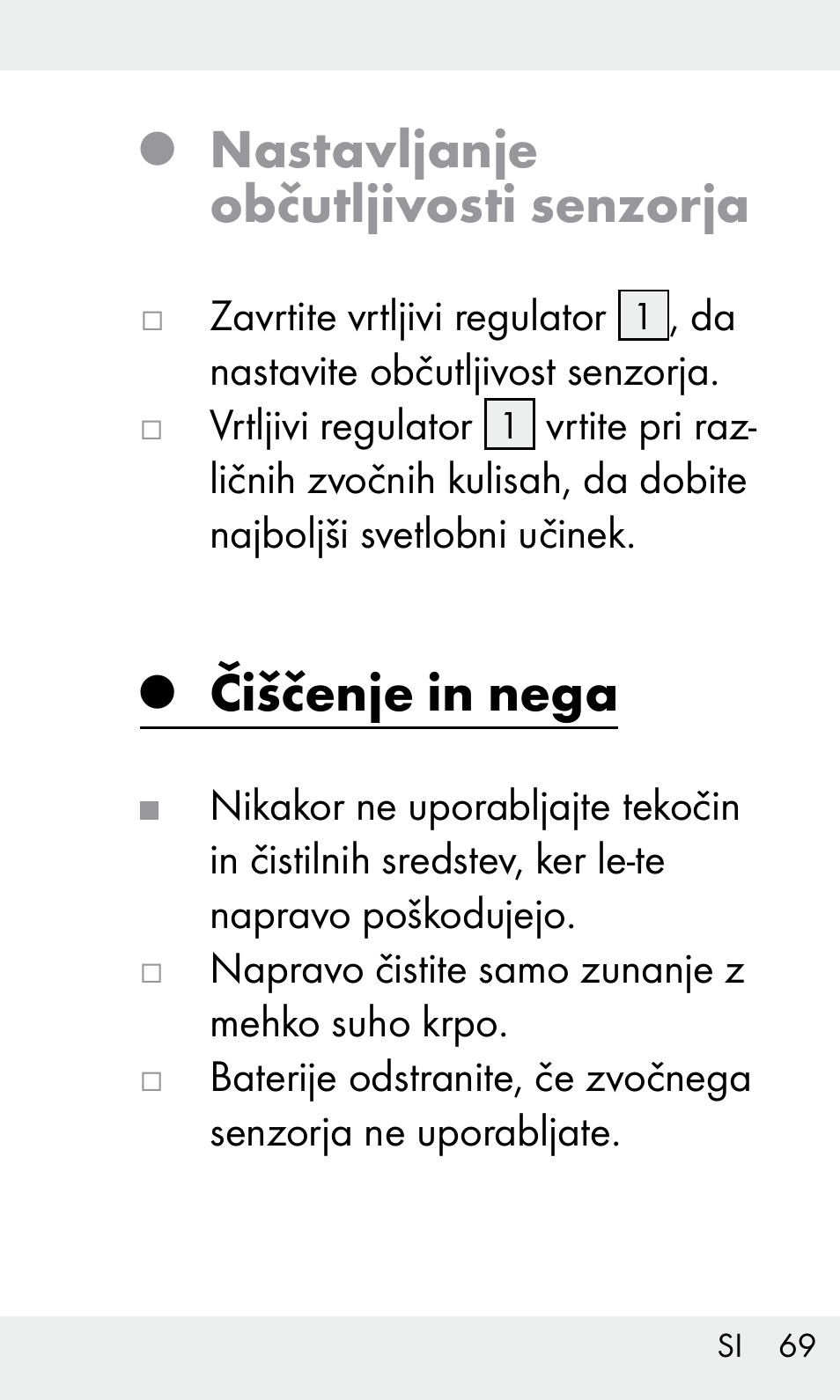 Nastavljanje občutljivosti senzorja, Čiščenje in nega | Livarno Z31603/Z30425B User Manual | Page 69 / 128