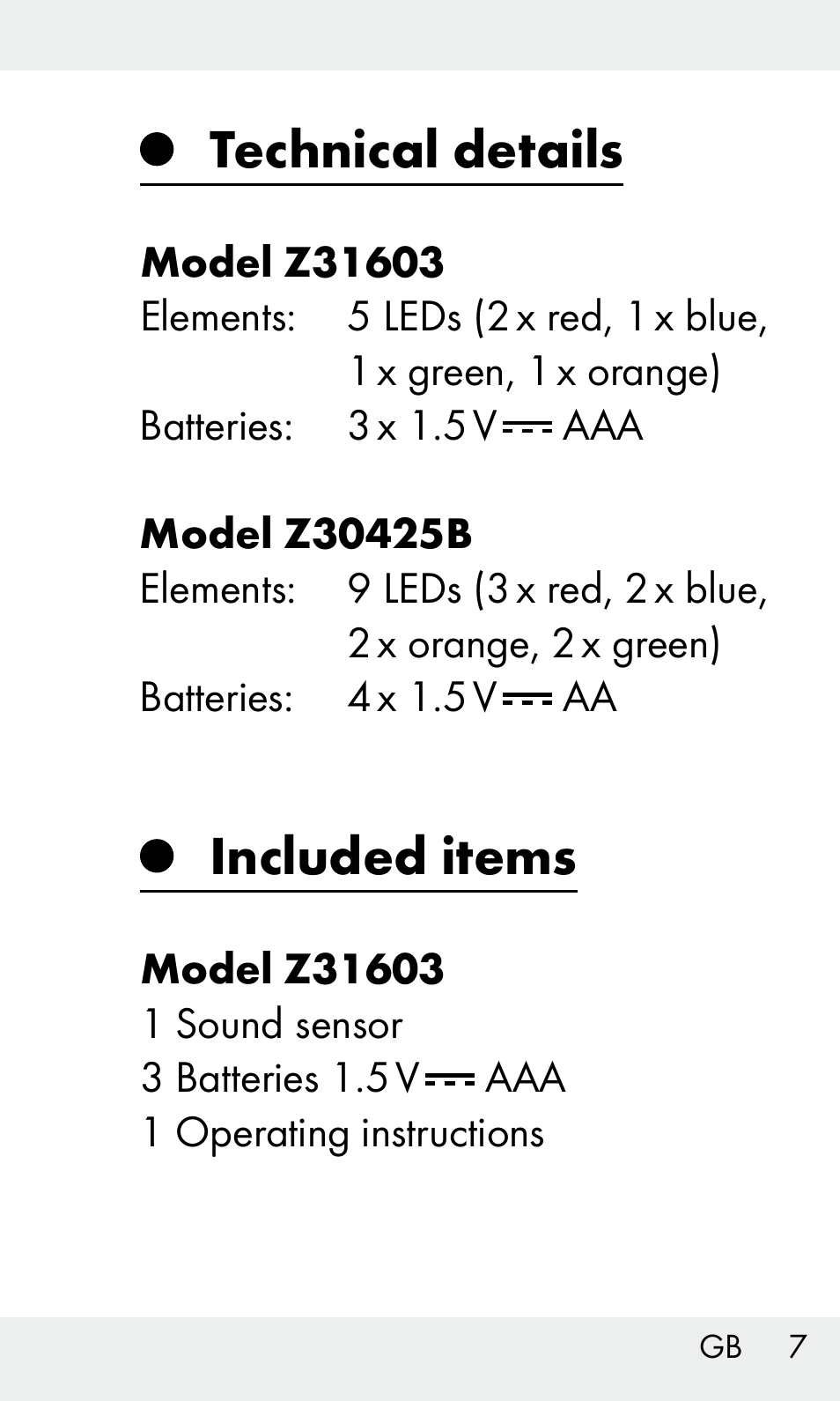 Technical details, Included items | Livarno Z31603/Z30425B User Manual | Page 7 / 128