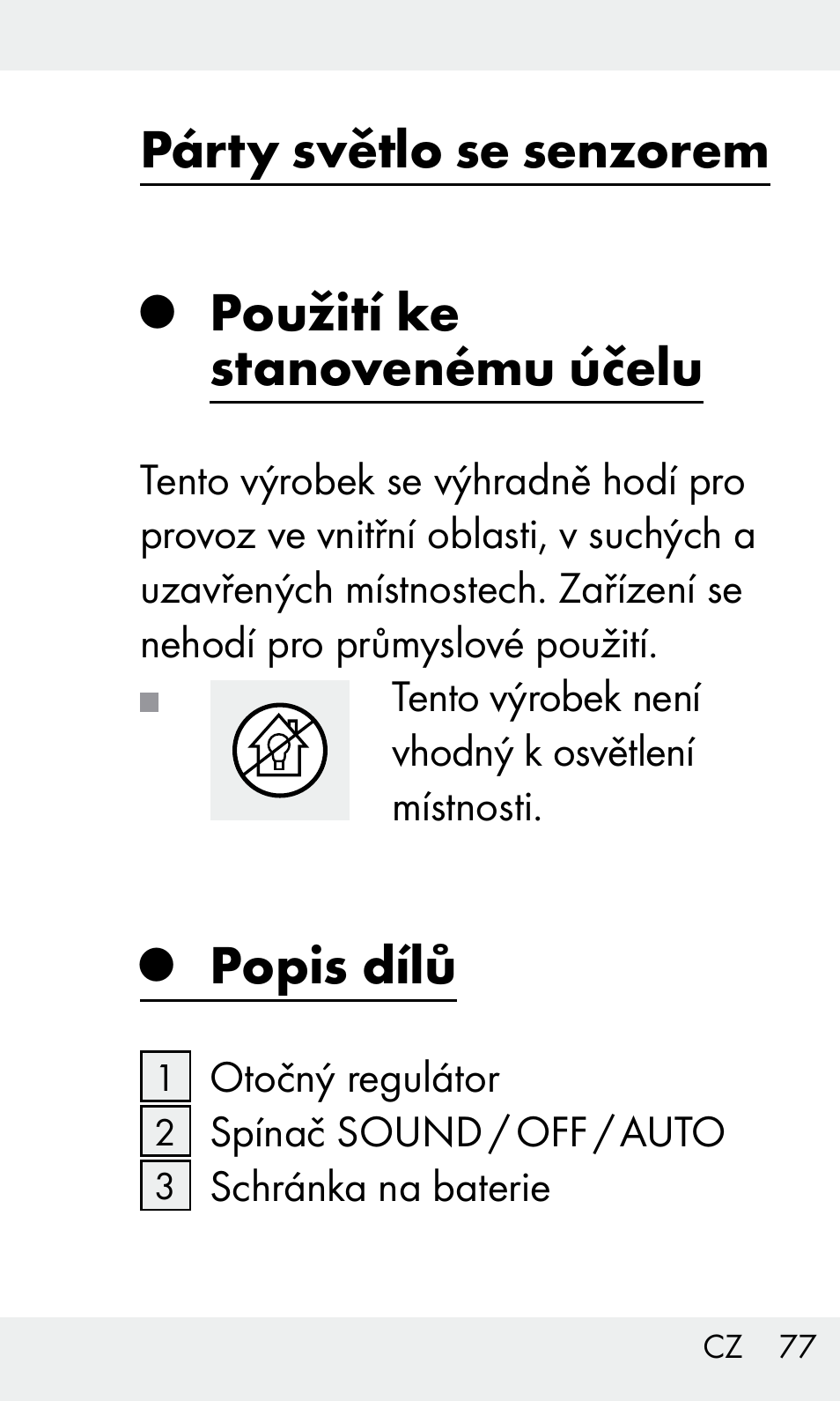 Párty světlo se senzorem, Použití ke stanovenému účelu, Popis dílů | Livarno Z31603/Z30425B User Manual | Page 77 / 128